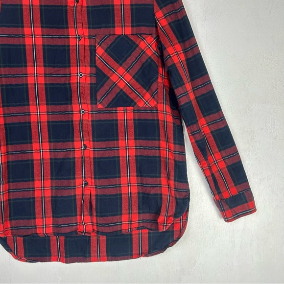 Zara | Trafaluc roll tab long sleeve button up plaid red multicolor shirt top - Picture 11 of 16